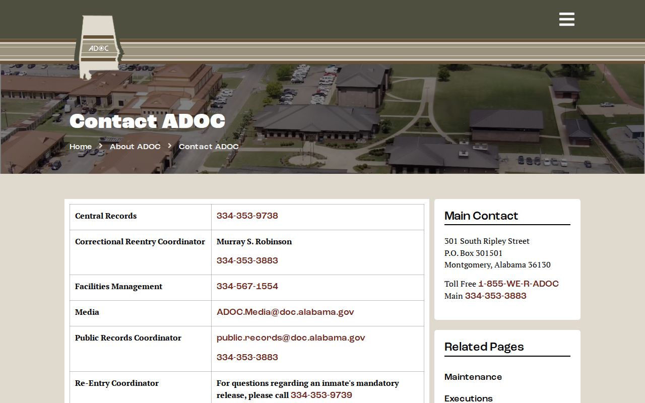 ADOC Central Records contacts for Cleburne County state custody questions