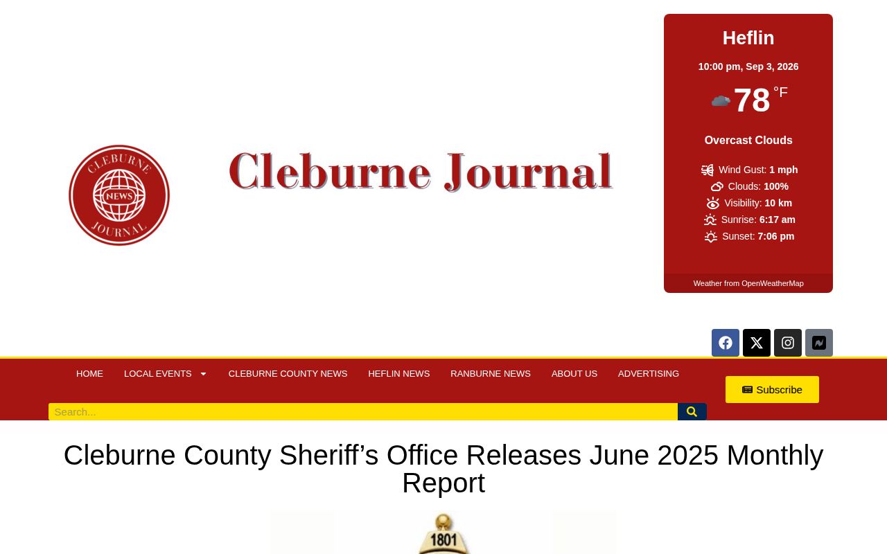 Cleburne Journal page for the June 2025 Cleburne County sheriff monthly report