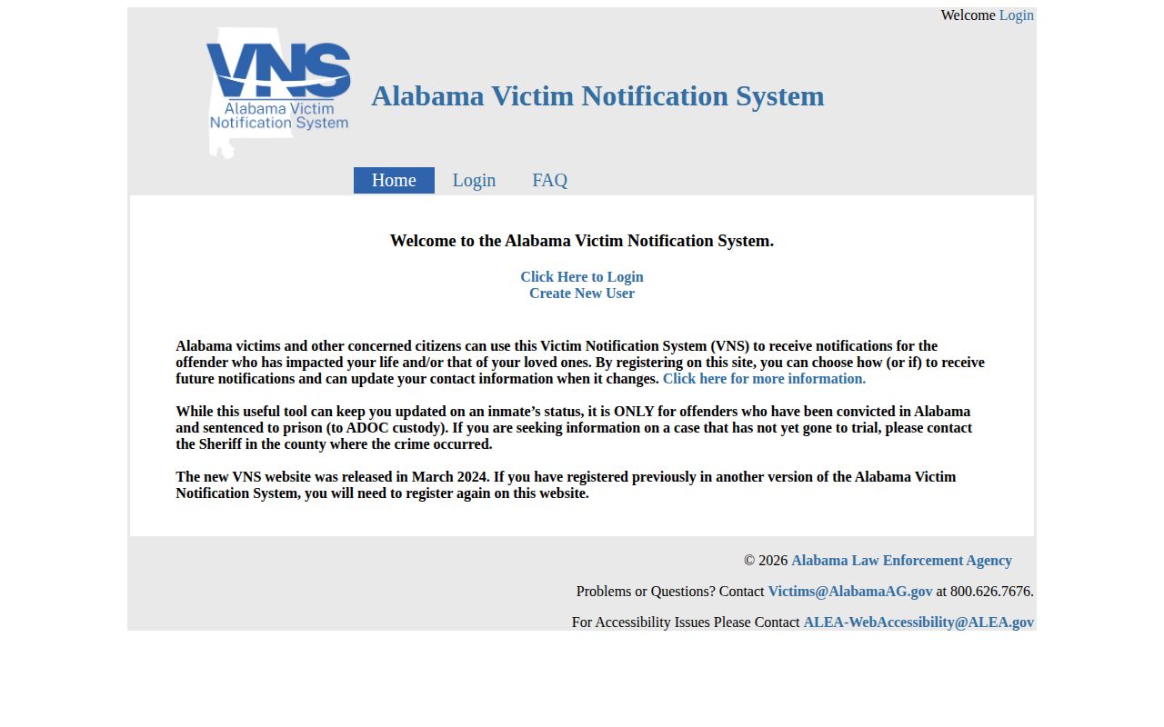 Alabama Victim Notification System page describing state prisoner notification