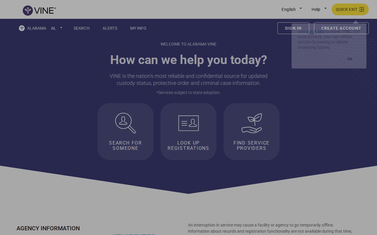 Alabama VINELink state search screen for custody information