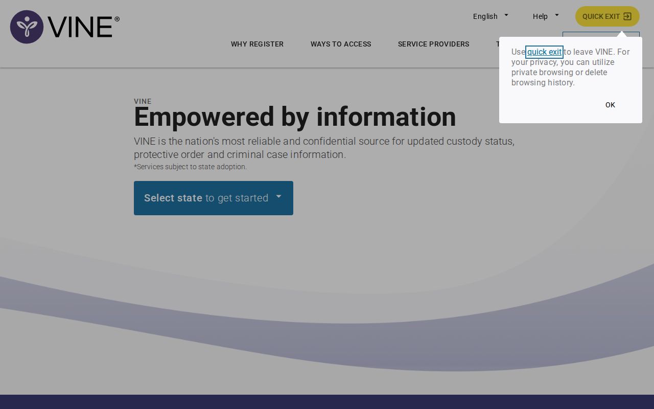 VINELink custody alert registration screen with no personal information entered